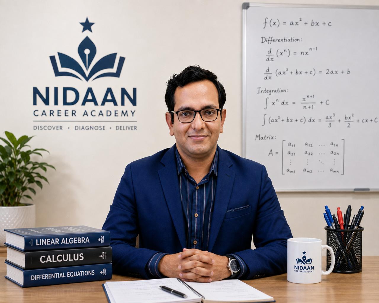 Mr. Vipin Agrawal, Senior Mathematics Faculty at Nidaan Career, seated at a desk with mathematics textbooks and a whiteboard of formulas.